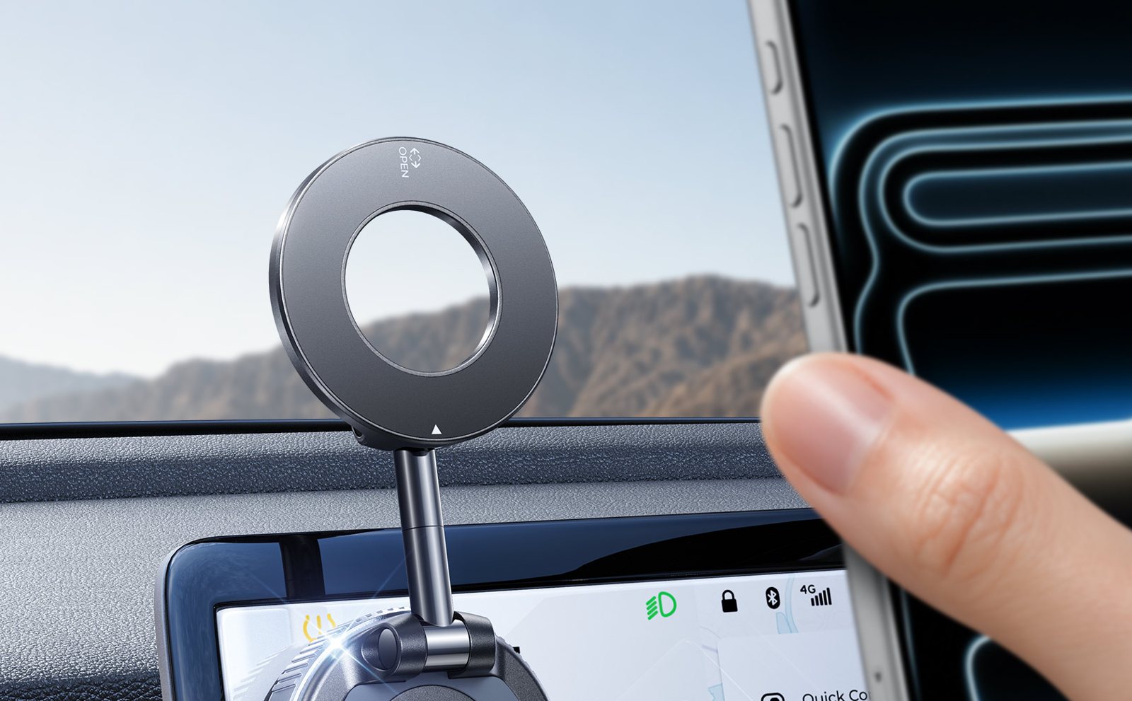 MRGLAS magnetic vacuum car mount holding a phone above a dashboard