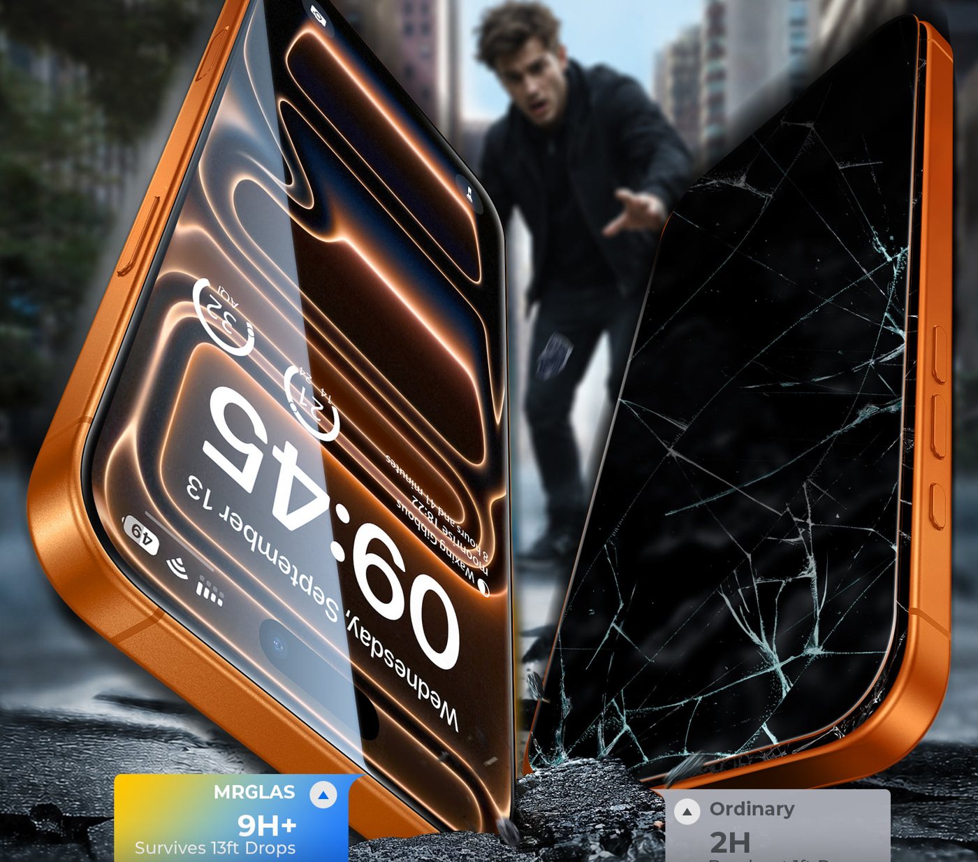 MRGLAS TOP 9H+ glass beside a shattered ordinary protector